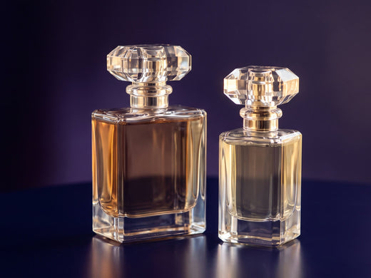 Two fragrance bottles on a dark blue ground