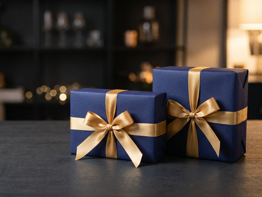 Navy gift boxes with gold ribbon