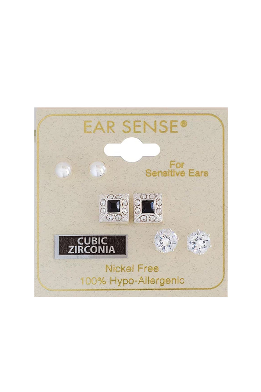 Earsense FC297 Silver Ball, Cubic Zirconia & Square Crystal/Jet Stud Trio - Life Pharmacy St Lukes
