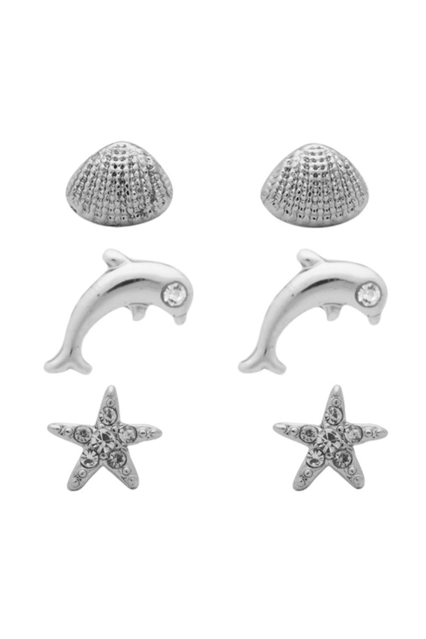 EURO Rhodium Shell + Dolphin + Starfish Trio Studs - Life Pharmacy St Lukes
