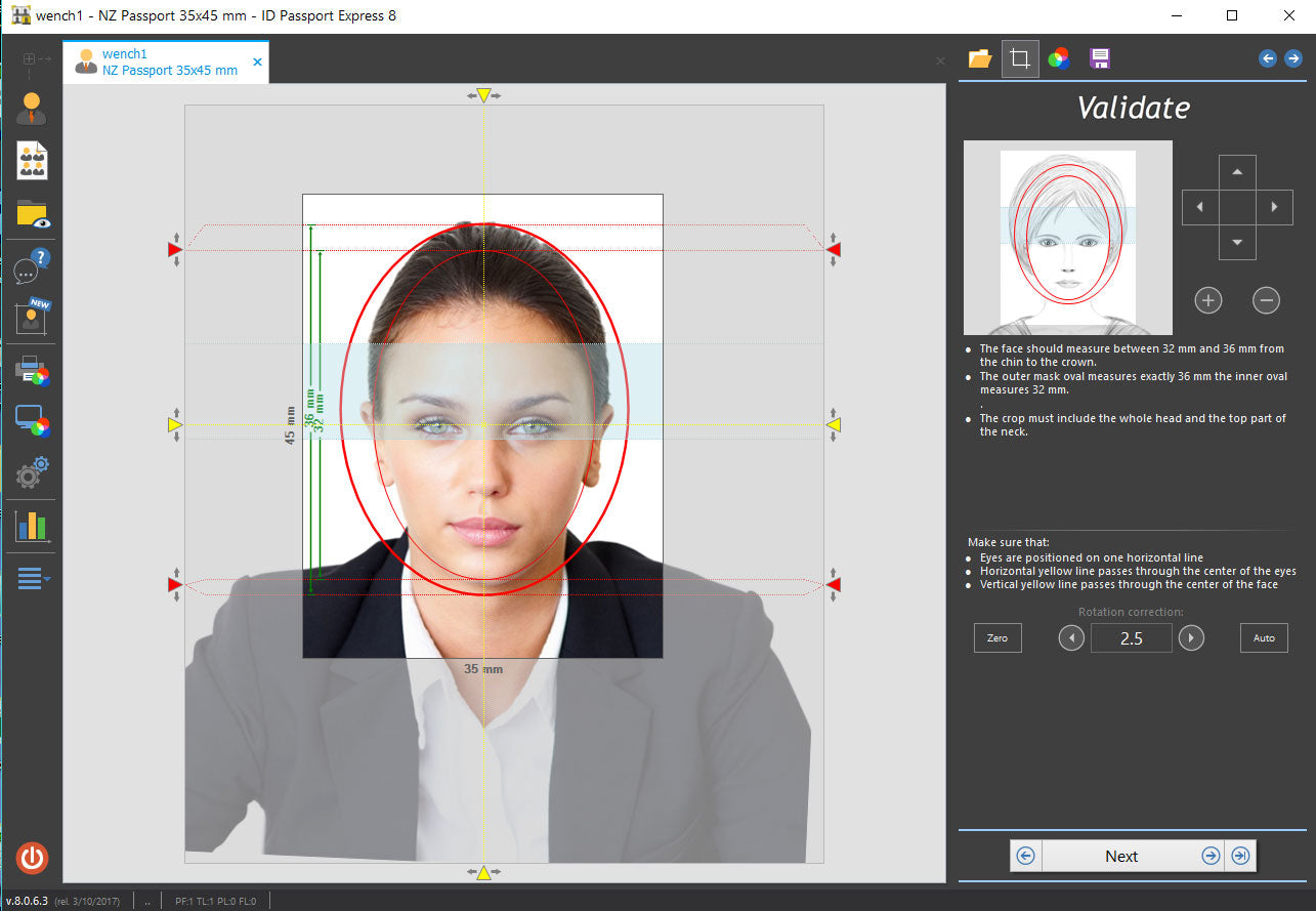 Passport photo software validating a portrait against the New Zealand 35 by 45 millimetre specification