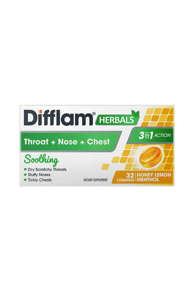 DIFFLAM Herbals 3-in-1 Action - Throat + Nose + Chest Lozenges Honey Lemon Menthol 32s - Life Pharmacy St Lukes