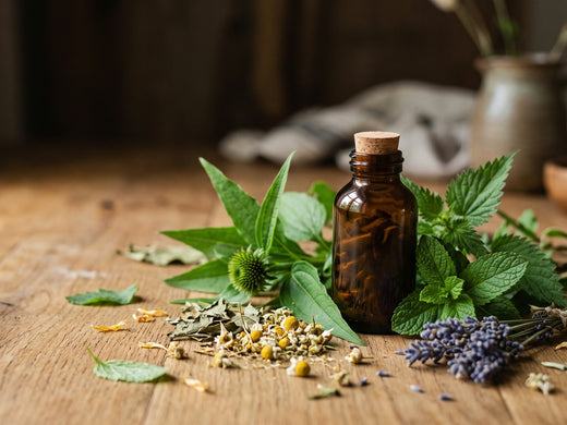 Herbs and a tincture bottle on a wooden table