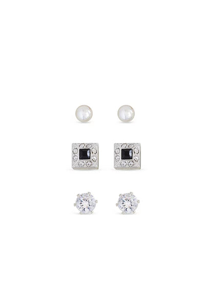 Earsense FC297 Silver Ball, Cubic Zirconia & Square Crystal/Jet Stud Trio - Life Pharmacy St Lukes