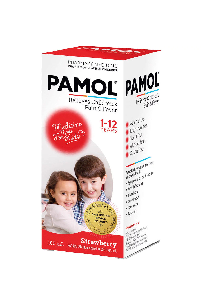 PAMOL Strawberry Colour Free Liquid 100ml - Life Pharmacy St Lukes